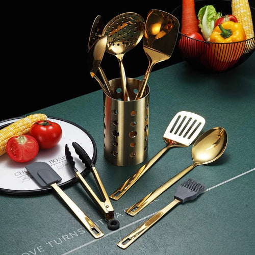 13 Pieces Gold Stainless Steel Cooking Utensils Set with Utensil Holder G486686