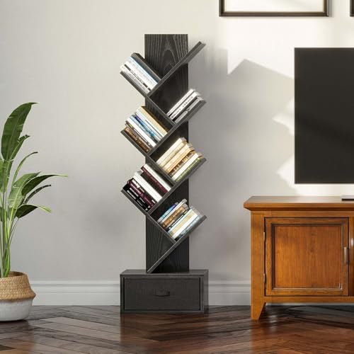 Rustic Brown 7 Shelf Wooden Bookshelf with Drawer E65648
