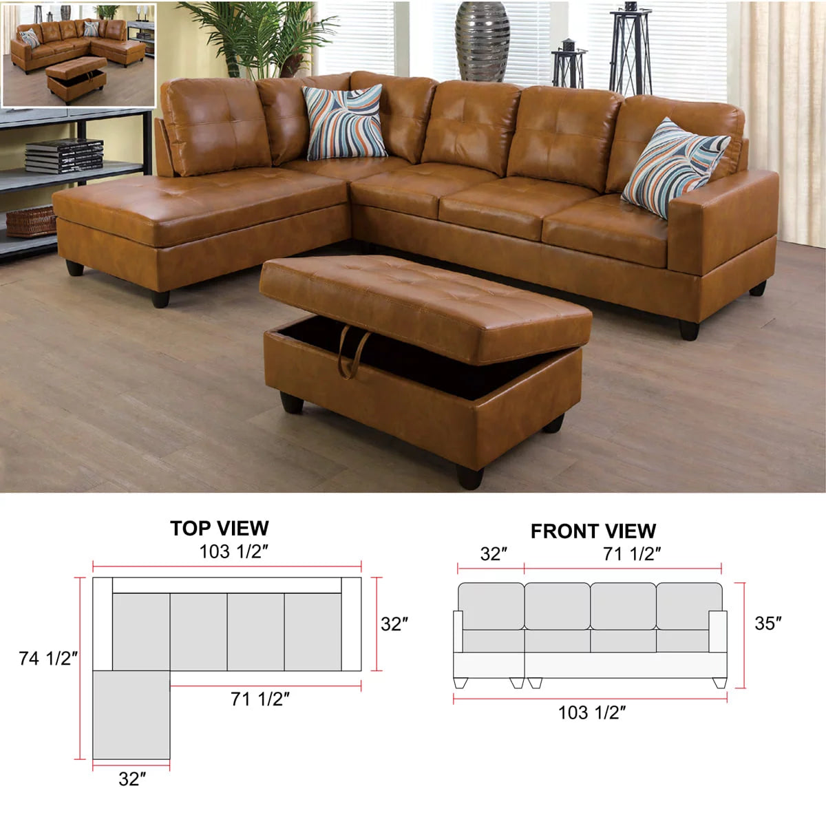 Ginger Leather Sectional Sofa Set with Storage Ottoman Y299059