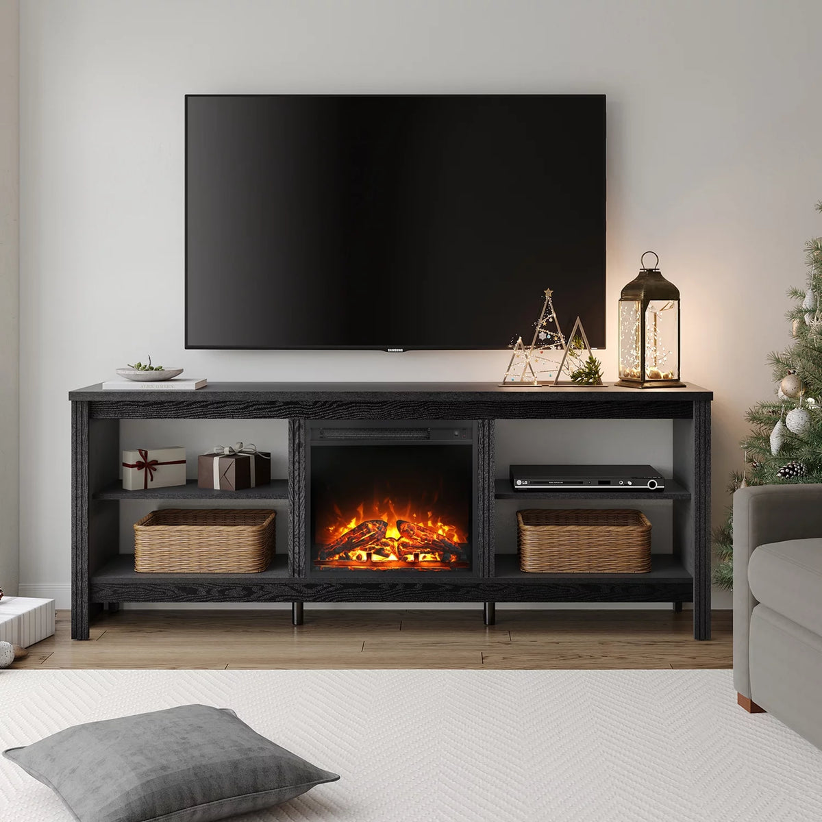 Black 70 inch Wood Fireplace TV Stand with 4 Storage E688