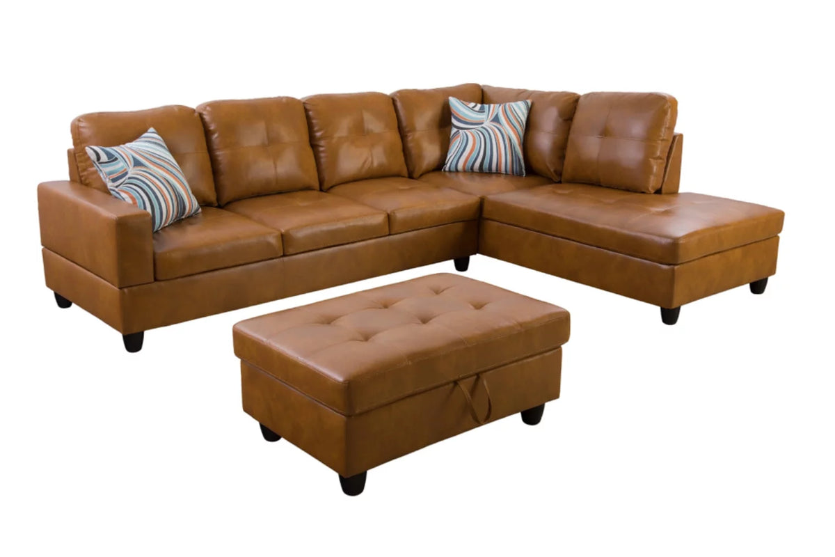 Ginger Leather Sectional Sofa Set with Storage Ottoman Y299059