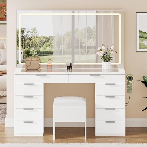 Vanity Set with LED Mirror, 10 Drawers and Stool X7258