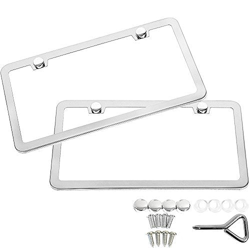 Stainless Steel License Plate Frame + Chrome Screw Caps (Silver) D1042