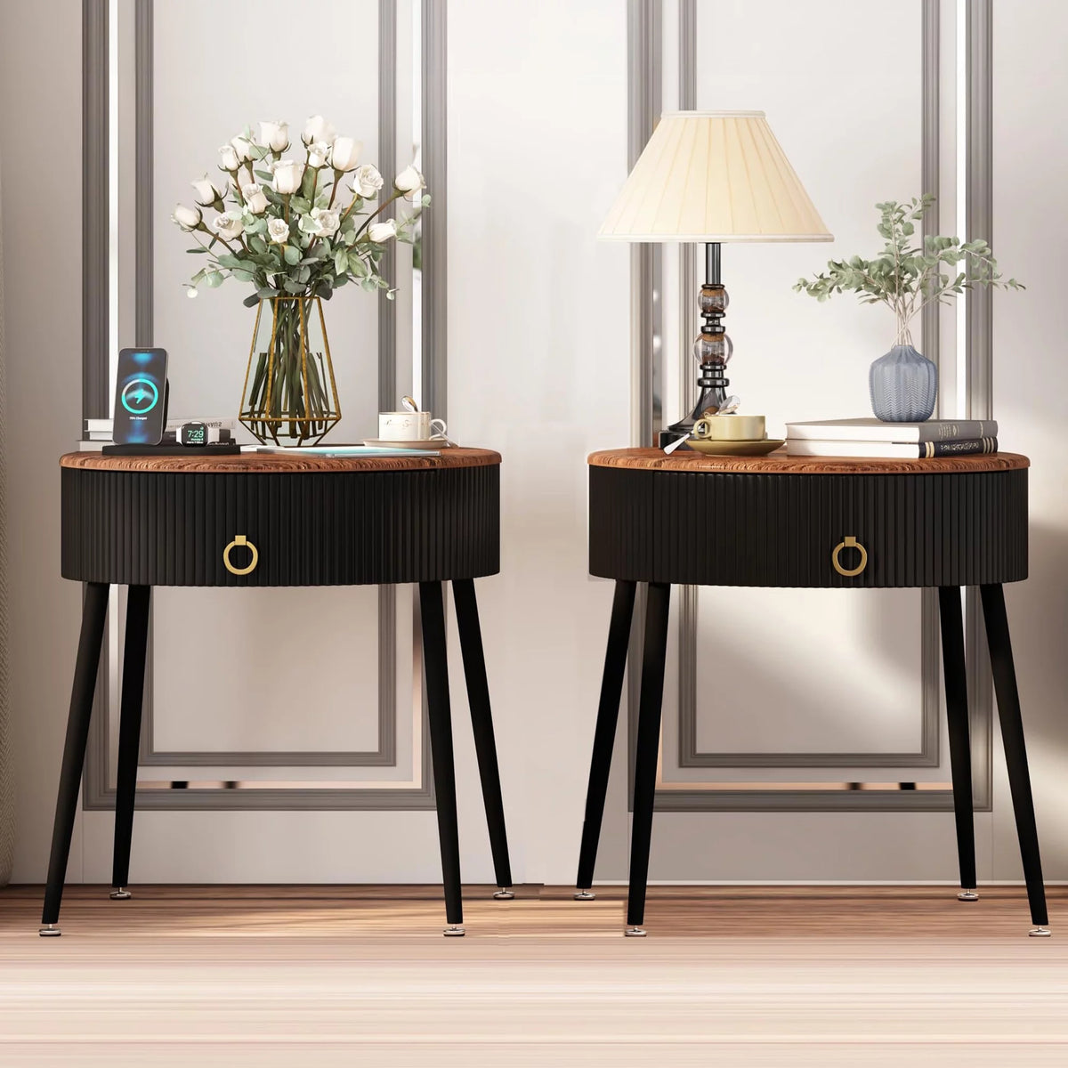 Black Metal End Table Set of 2 with Drawer G6148