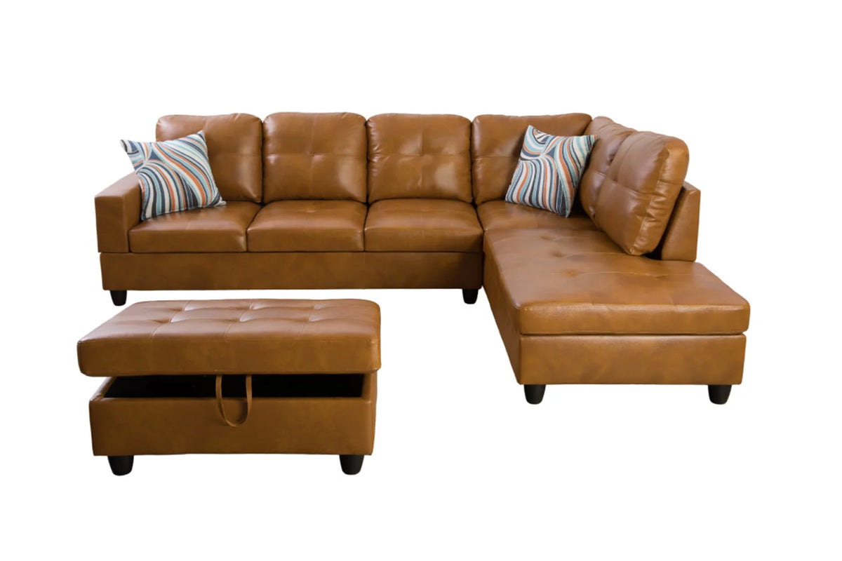 Ginger Leather Sectional Sofa Set with Storage Ottoman Y299059