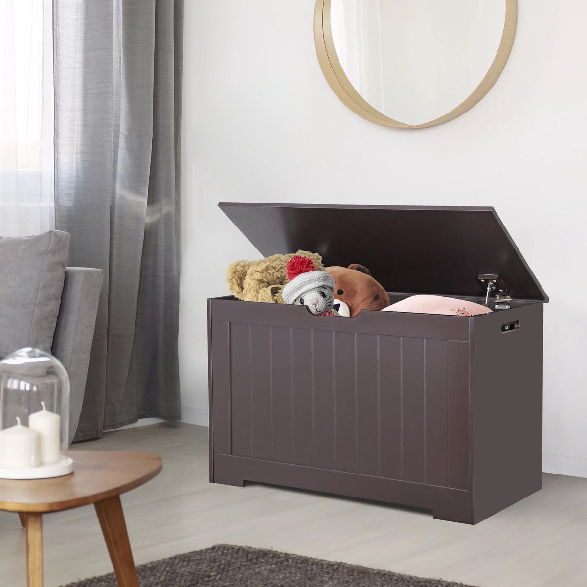 30'' Wooden Storage Chest Organizer with Safety Hinged Lid T5689