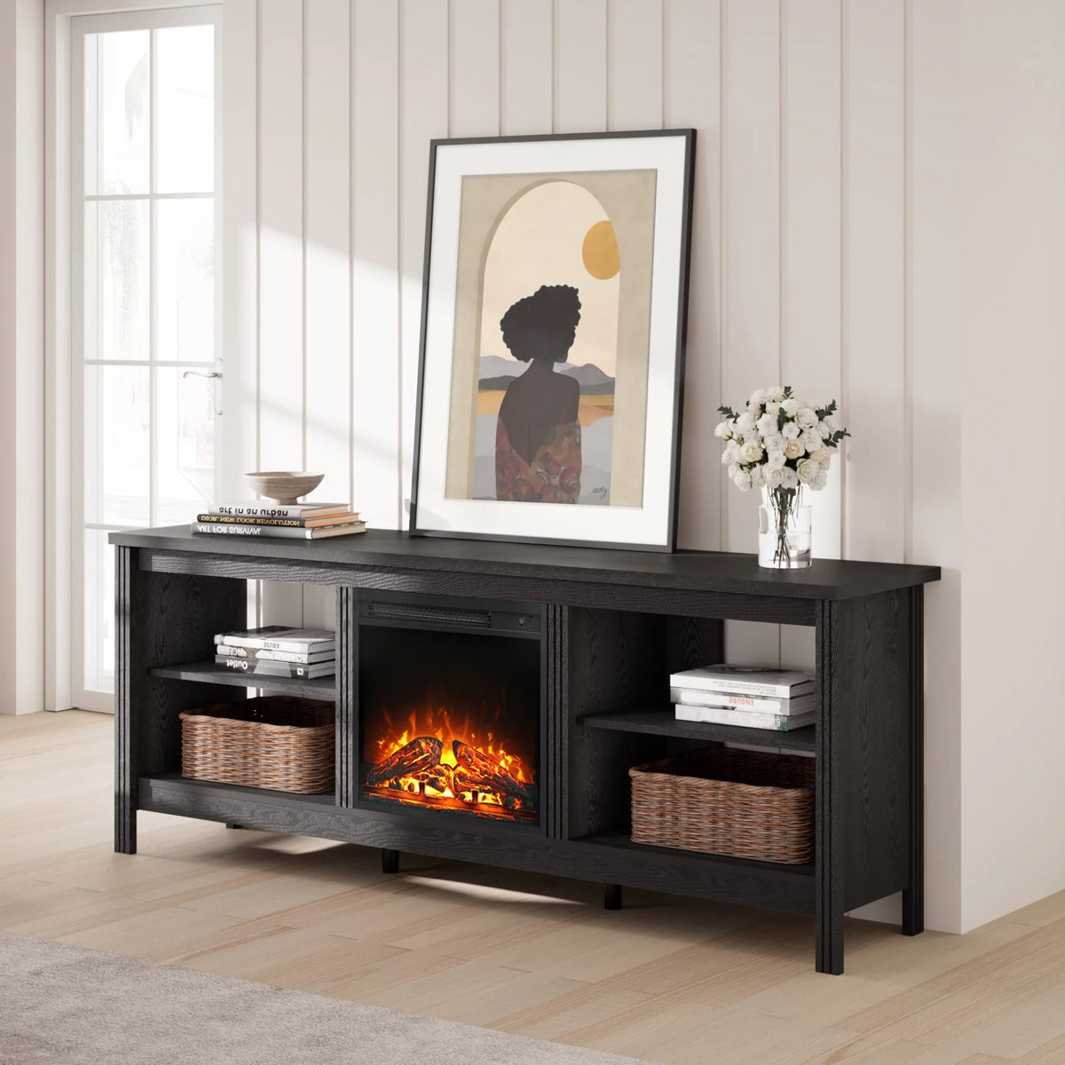 Black 70 inch Wood Fireplace TV Stand with 4 Storage E688