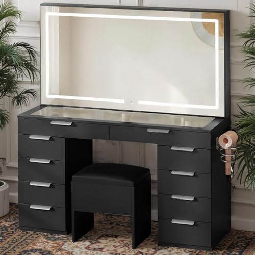 Vanity Set with LED Mirror, 10 Drawers and Stool X7258