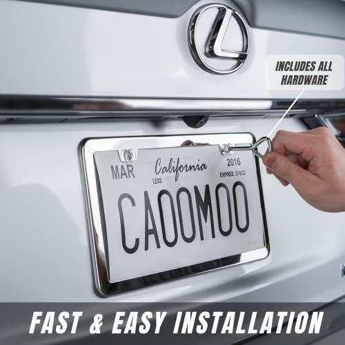 Stainless Steel License Plate Frame + Chrome Screw Caps (Silver) D1042