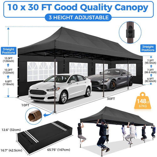 10' x 30' Pop Up Canopy with 8 Removable Sidewalls, Black A546