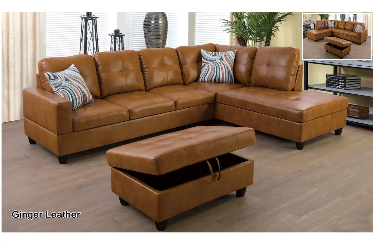 Ginger Leather Sectional Sofa Set with Storage Ottoman Y299059