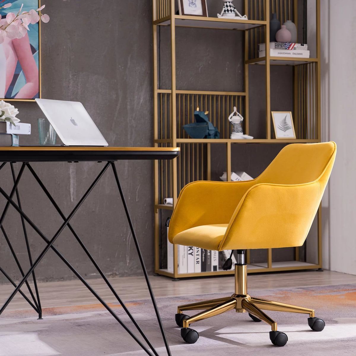 Yellow Velvet Adjustable Height Office Chair with Gold Metal Legs and Wheels N839
