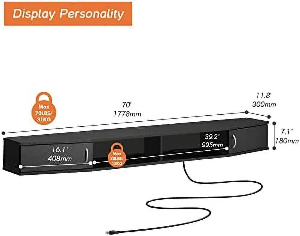 Black Wall Mounted Floating TV Stand with 16 LED Lights X516336
