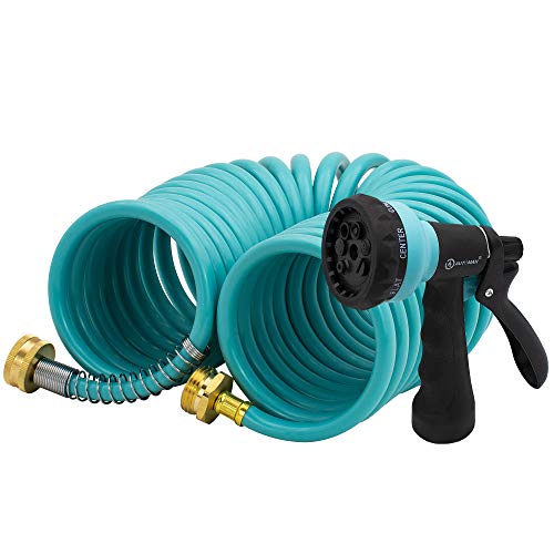 50 ft EVA Curly Garden Water Hose with Brass Connectors and 7-Pattern Sprayer V856096
