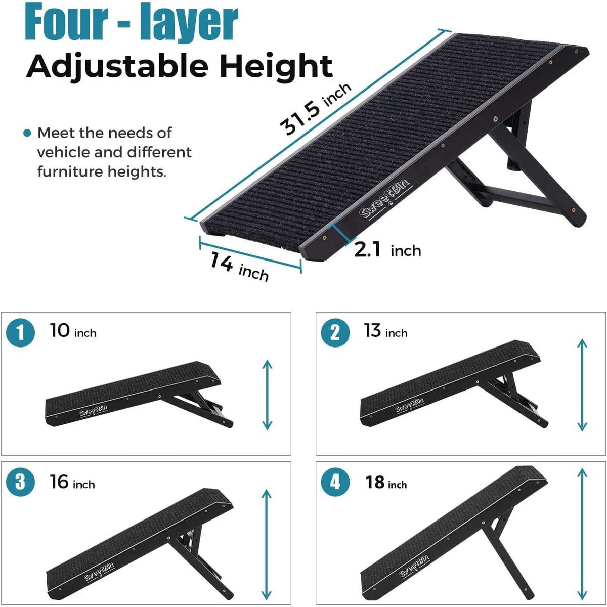 18 Tall Adjustable Wooden Folding Pet Ramp with Non Slip Carpet E377
