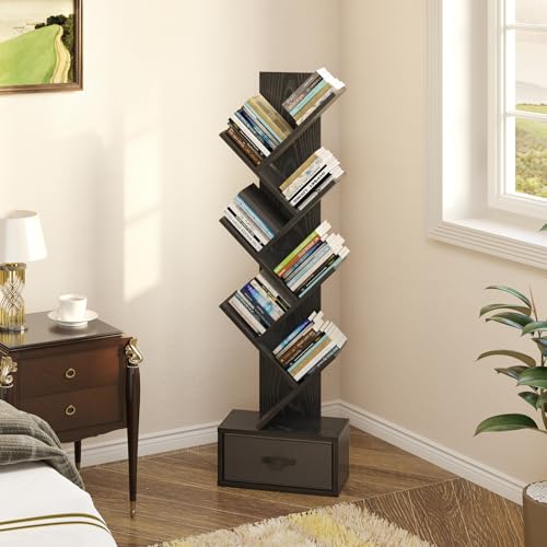 Rustic Brown 7 Shelf Wooden Bookshelf with Drawer E65648