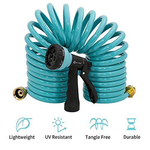 50 ft EVA Curly Garden Water Hose with Brass Connectors and 7-Pattern Sprayer V856096