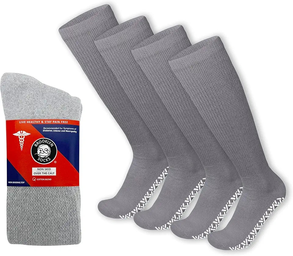 4 Pairs Non-Skid Over-The-Calf Diabetic Cotton Socks Gray O719