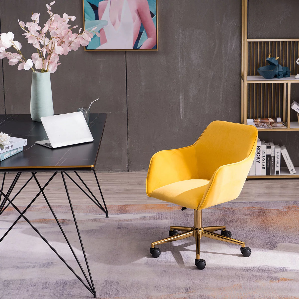 Yellow Velvet Adjustable Height Office Chair with Gold Metal Legs and Wheels N839