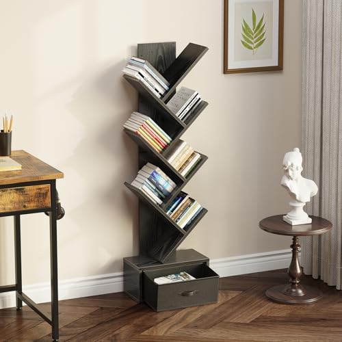 Rustic Brown 7 Shelf Wooden Bookshelf with Drawer E65648